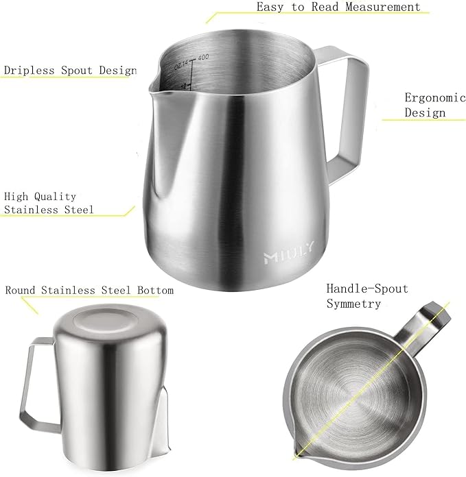 Miuly Milk Frothing Pitcher, 14oz/420ml Stainless Steel Espresso Accessories Frother Pitcher for Cappuccino, Latte Art