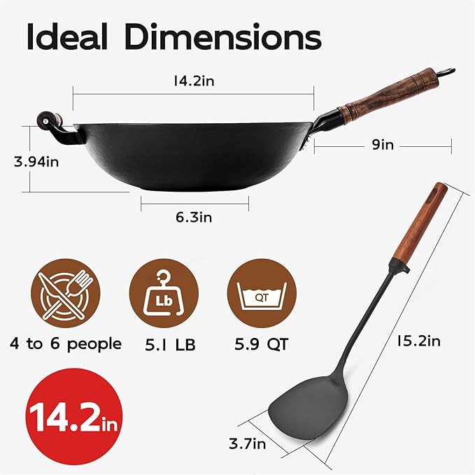 WANGYUANJI 14.2" Chemical-Free Iron Wok with Lid and Iron Spatula, Flat Bottom Stir Fry Pan for All Stovetops