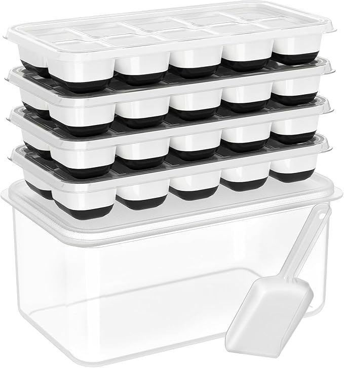 DOQAUS Ice Cube Tray with Lid and Bin, 4 Pack Silicone Plastic Ice Cubes Trays for Freezer with Box/Container, Stackable with Storage Iced Bucket Kits, Scoop, for RV, Soup, Food, Cocktail, Coffee