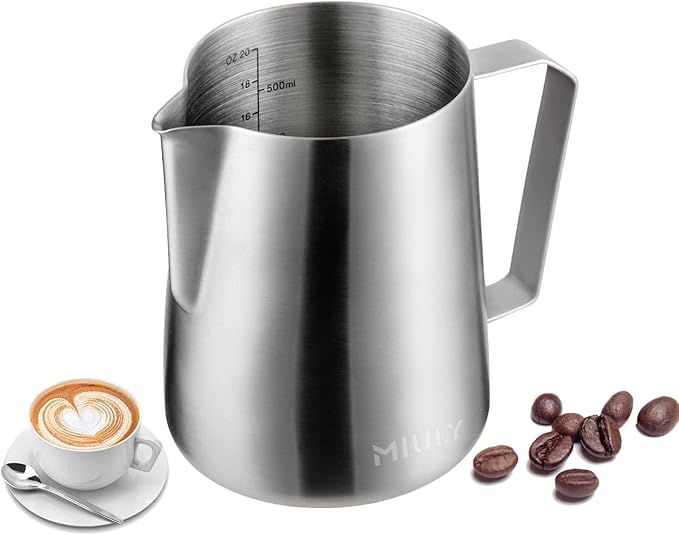 MIULY Stainless Steel Milk Frothing Pitcher 20oz/600ML - Professional Milk Frother Jug for Latte Art, Espresso Machine Accessories, Dishwasher Safe for Home & Cafe Baristas