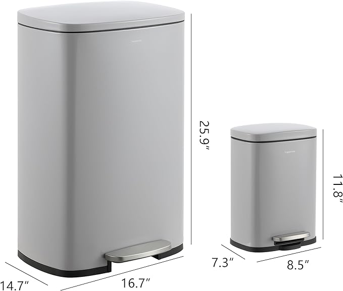 happimess HPM1006I Connor Rectangular 13-Gallon Trash Can with Soft-Close Lid and Free Mini Trash Can, Fingerprint Resistant, Modern, Minimalistic for Home, Kitchen, Office, Bathroom, Fog Gray