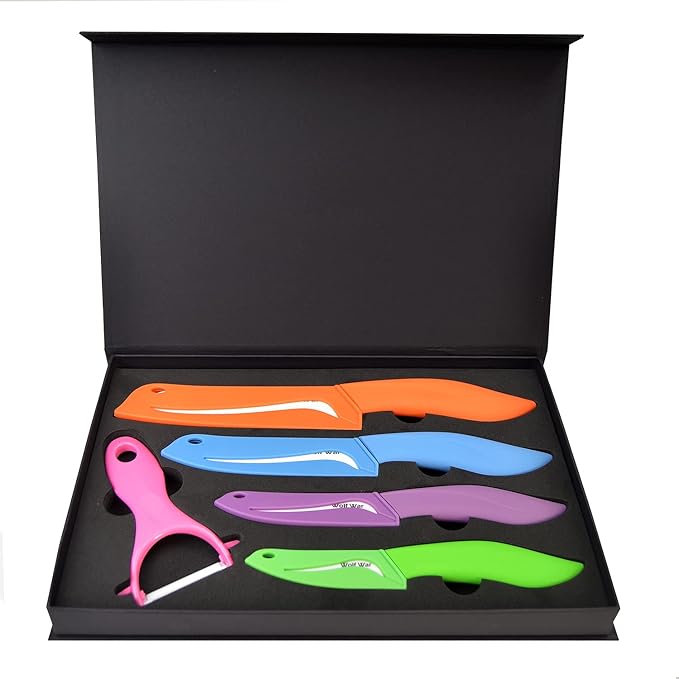 Ceramic Knife Set with Sheaths - Black 5 Piece Kitchen Set: 6" Chef, 5" Utility, 4" Fruit, 3" Paring Knife, One Peeler