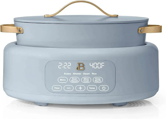 Beautiful 10-in-1 6Qt Electric Multi-Cooker by Drew Barrymore – Slow and Rice Cooker, Steamer, Dutch Oven, Sauté & More – Touch Display, Oven Safe, Dishwasher Safe (Cornflower Blue)