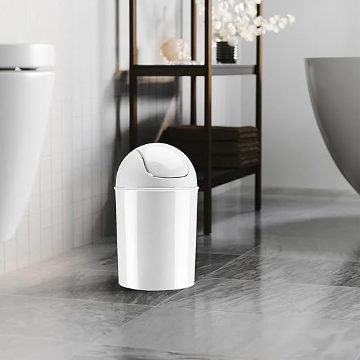 Umbra 1.25 Gallon Mini Waste Can with Removable Swing-Top Lid - Small Garbage Bin for Kitchen, Bathroom, Bedroom, Office - Compact Trash Can Fit Under Tables & Counters - White