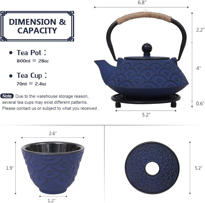 Japanese Style Cast Iron Teapot Set with 4 Tea Cups Iron Tea Kettle with Infuser Hemp Rope Trivet Asian Gift for Adults Parents (Fish Scale Pattern, Blue,Anti Rust)