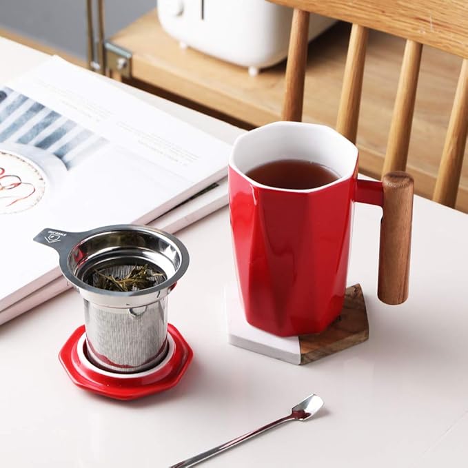 Sweejar Ceramic Tea Infuser Cup with Lid, Wooden Handle Teacup with Strainers for Loose Leaf Tea, 17 oz Geometric Shape Coffee Mug, Steeping Mug with Infuser, Women Christmas Gift (Red)