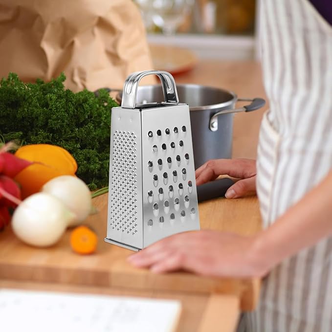 Cheese Grater - Stainless Steel Vegetable Grater with Handle, 4-Sided Multifunction Kitchen Box Garlic Slicer, for Cheese, Potato, Fruit & Vegetable 6.5 x 3.5 x 2.5 inch
