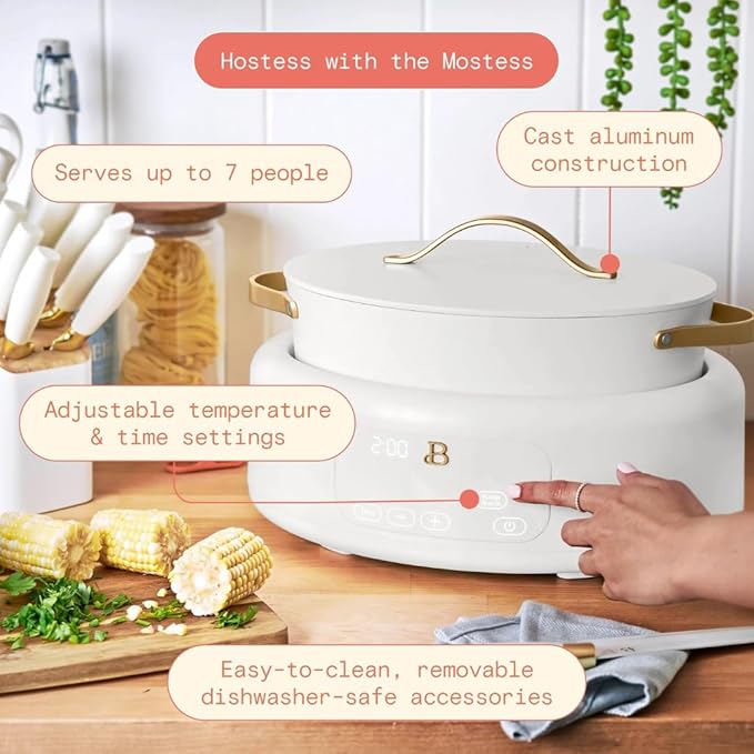 Beautiful 10-in-1 6Qt Electric Multi-Cooker with 7 Presets,Oven-Safe Pot & Lid,Sauté,Steam,Slow Cook, Slow Cooker, Simmer,Rice & More,Touch Display, Dishwasher Safe, Serves Up to 7 (White Icing)