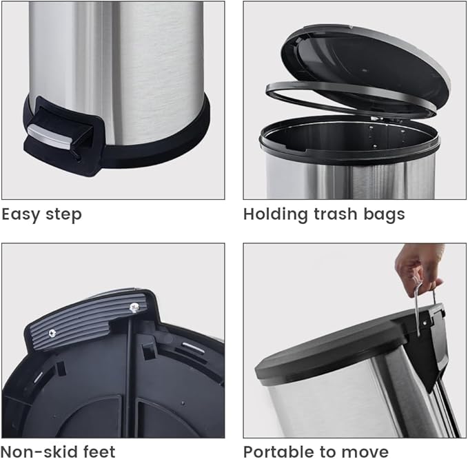 10 Gallon Stainless Steel Trash Can – Round Tall Design, Hands-Free Pedal, Liner-Free with Inner Ring Bag Holder，Rust-Proof for Kitchen, Office, or Bathroom