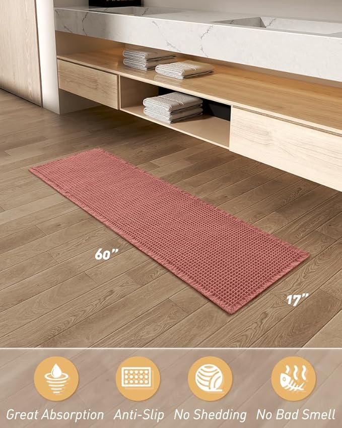 AMOAMI Upgraded Waffle Runner Rug Super Absorbent Non Slip Bath Mats for Bathroom Machine Washable Bathroom Runner Rug with Tassels, Ideal for Hallway Bedroom Laundry Room, 17" x 60", Coral
