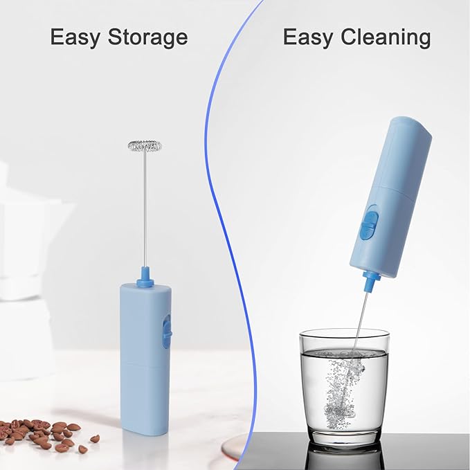 Powerful Electric Milk Frother, Battery Operated Drink Blender, Foam Maker Mixer, Milk Frother Handled for Coffee, Latte, Matcha, Protein Powder (Blue)