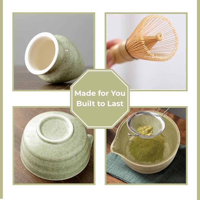 Dreizehn Matcha Whisk Set – 5 Piece Matcha Kit with Bowl, Whisk, Scoop, Sifter & Jar – Japanese Style Tea Set for Making Smooth and Frothy Matcha Green Tea at Home or as a Gift, Mottled Green