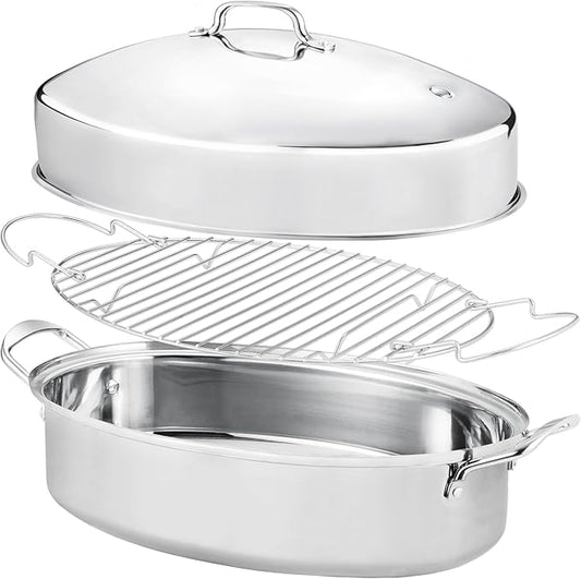 Roasting Pan With Rack and Lid,Oval Stainless Steel Turkey Roasting Pan,22INCH(With Handle), Dishwasher Safe Bakeware for Turkey,Roasted Chicken,Beef or Veggies,by DIMESHY