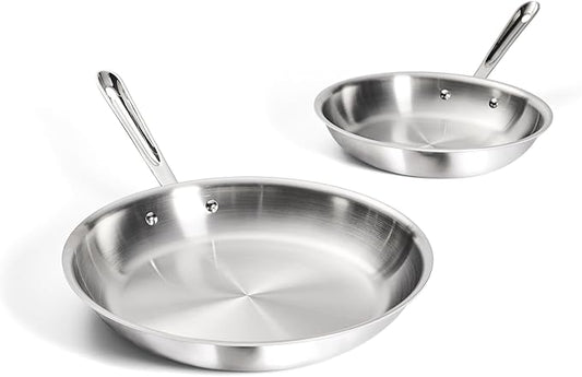 All-Clad D3 3-Ply Stainless Steel Fry Pan Set 2 Piece, 10, 12 Inch, Induction Oven Broiler Safe 600F, Kitchen Cooking Set, Skillets, Durable Frying Pans, Professional Pots and Pans Set Cookware Silver