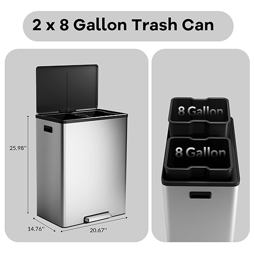 GarveeHome Step Dual Trash Can, 60 L/16 gal Recycle Bins with Lid, 2 Removable Wastebusket, Step Pedal, Large Stainless Steel Double Trash Bin for Kitchen, Bathroom