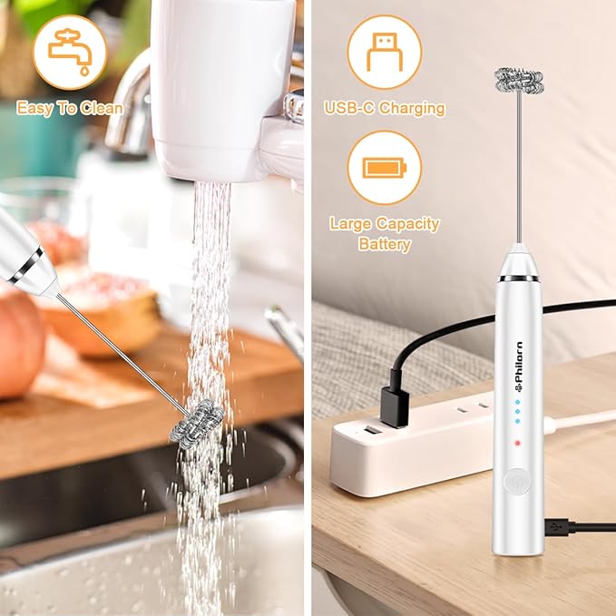 Philorn Milk Frother Wand Handheld Rechargeable Electric Whisk Coffee Drink Mixer, Mini Foamer for Lattes, Cappuccino, Frappe, Matcha, Hot Chocolate, Protein Powder, Keto Diet (White)