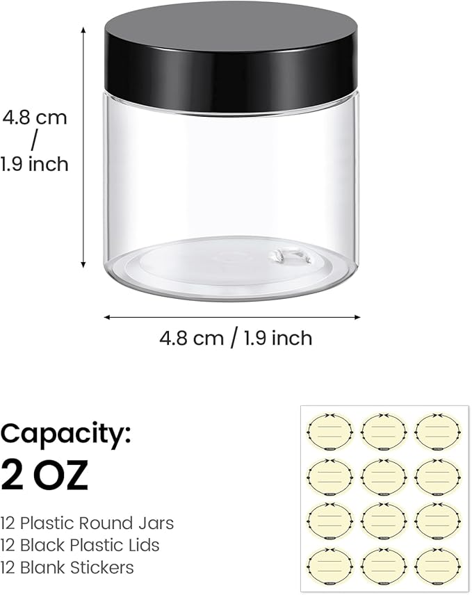 TUZAZO 2 Oz Small Plastic Container Jars with Lids and Labels BPA Free, Empty Round Clear Cosmetic Containers Plastic Slime Jars for Lotion, Cream, Ointments, Samples, Makeup, Travel Storage (12 Pack)