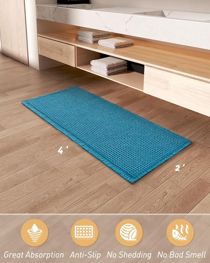 Upgraded Waffle Runner Rug, Super Absorbent Non Slip Bath Mats for Bathroom Floor, Machine Washable Bathroom Runner Rug with Tassels, Ideal for Hallway Bedroom Laundry Room, Teal, 2'x4'(24" x 48")