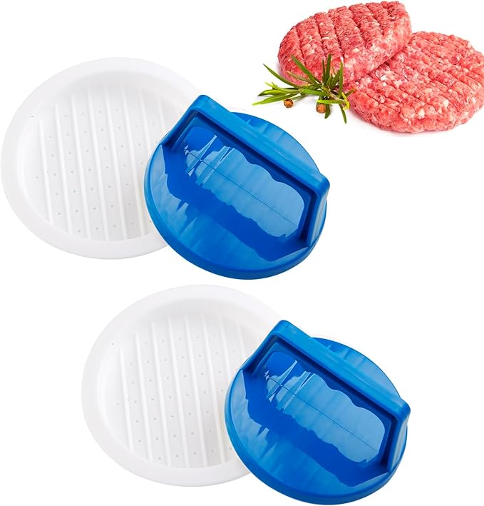 Burger Press Patty Makers, Round Non-Stick Stuffed Hamburger Press Accessories Smashed Hamburger Press Patty Burger Meat Sausage Beef Makers Mold Kitchen Gadgets for Grilling (2 Pack, Blue)