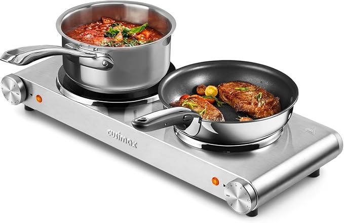 Hot Plate, CUSIMAX Double Burner, Electric Hot Plates for Cooking, 1800watts Portable Countertop Stove, Cast Iron Heating Plates, Used for Camping/Travel Trailers/Dorms, Stainless Steel Cooktop