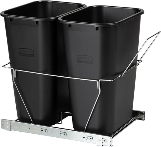 Rubbermaid Kitchen Cabinet Pull-Out Trash Can and Recycling Bin, 20-Gallon, Black, Under Sink Trash/ Recycling, for Home/Kitchen/Bathroom/Office/Garage