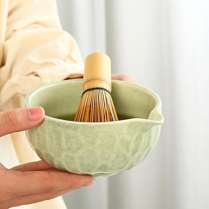 7-Piece Matcha Whisk Set, green Ceramic Matcha Bowl with Unique Diamond Design, Bamboo Whisk, Scoop, Sifter & Tea Towel - Complete Matcha Kit for Tea Lovers (Pink Gift Box) (green)