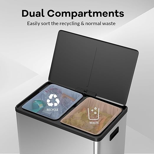 GarveeHome Step Dual Trash Can, 60 L/16 gal Recycle Bins with Lid, 2 Removable Wastebusket, Step Pedal, Large Stainless Steel Double Trash Bin for Kitchen, Bathroom