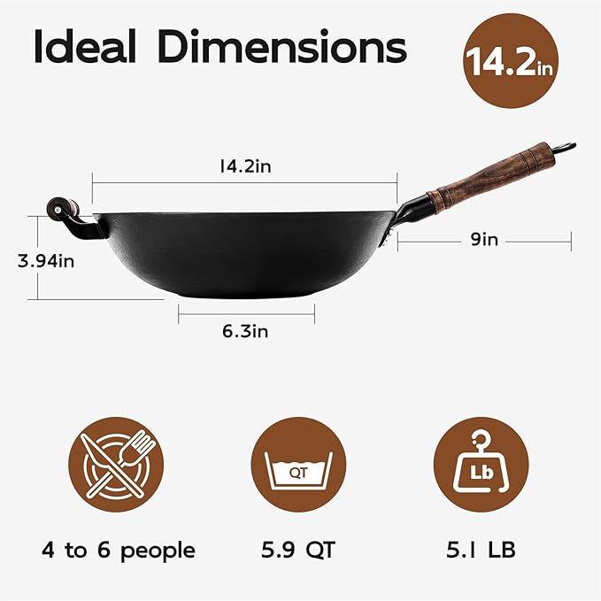 WANGYUANJI Large Capacity 14.2" Flat Bottom Wok – Non-Toxic Stir-Fry Pan with Stainless Steel Spatula for All Stovetops