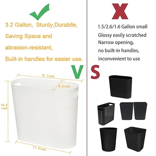 HZSOOCH 3 Pack Slim Waste Basket 3.2 Gallon 12L Plastic Small Trash Can, Office Trash Can, Slim Garbage Container Bin, Small Wastebasket with Handles for Narrow Spaces Bathroom, Kitchen (White)