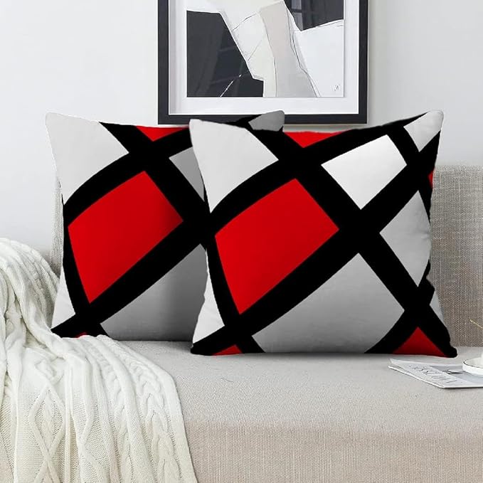 Modern Art Geometric Pillow Cover, Decorative Throw Pillow Covers Red Black Abstract Artwork Cushion Cover for Bedroom Sofa Living Room 18 x 18 Inch Set of 2