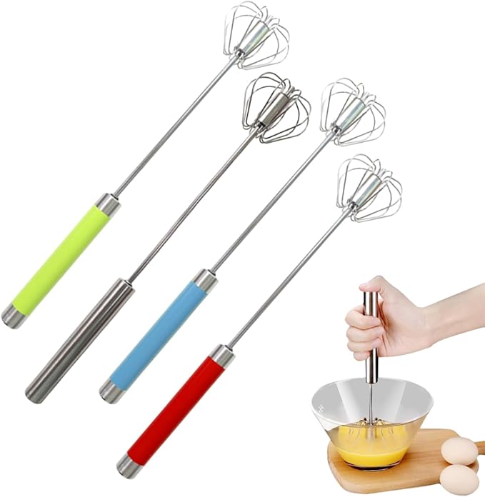Stainless Steel Semi Automatic Whisk - 12 Inch Easy Whisk Rotating Hand Egg Beater for Milk Frother, Dough, Cream, Matcha, Hand Push Kitchen Mixer for Blending, Whisking, Beating & Stirring (4 All)