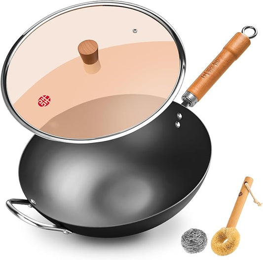 WANGYUANJI 13.4" Flat-Bottom Iron Wok with Glass Lid, Uncoated Stir-Fry Pan, Fast-Heating Refined Iron, Induction/Gas/Electric Compatible, Wooden Handle & Helper Ring (Seasoning Required)