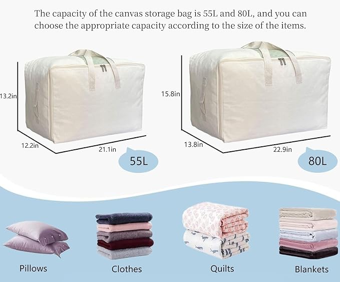 Soft Large Canvas Storage Bags with Zipper and Clear Window, Cotton Linen Storage Organizer for Pillows, Quilt, Blankets and Comforter, 80L, 4 Pack, Beige
