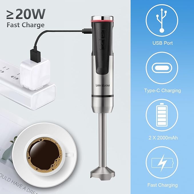 Liebe&Lecker Immersion Blender Handheld Cordless, 3 in 1 Cordless Hand Blender, 8 Speed Cordless Immersion Blender, Wireless Handheld Portable Stick Mixer with Whisk Milk Frother for Soup Smoothie