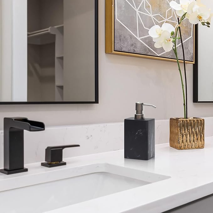 2Pcs 15Oz Black Marble Style Resin Soap Dispenser Set, Refillable Hand Soap Dispenser for Bathroom Countertop & Kitchen Home Decor- Black
