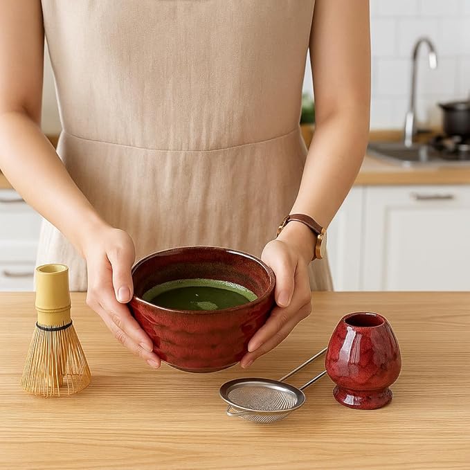 Matcha Whisk Set, 2025 New Ceramic Matcha Set Includes Matcha Bowl, Bamboo Scoop,Sifter, Whisk and Holder- 5 Pcs Kit for Matcha Lovers (Rose Red)