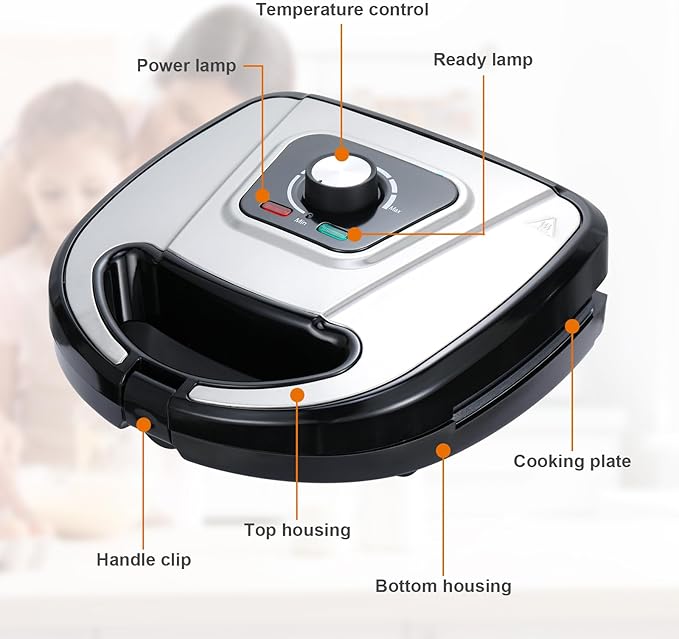 3-in-1 Mini Waffle Maker with Non-Stick Plates, Electric Sandwich Maker, Mini Donut Maker, Breakfast Sandwich Maker Press with Removable Plates, Compact Design & Adjustable Temperature Knob