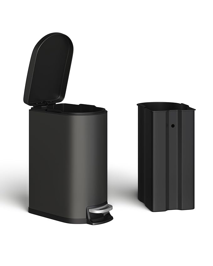 Garvee 13 gal (50 L) and 2.6 gal (10 L) Metal Trash Can Combo Set, Rustproof Garbage Can with Lid, Step-on Trash Bin with Inner Bucket, Rear Handle, Black