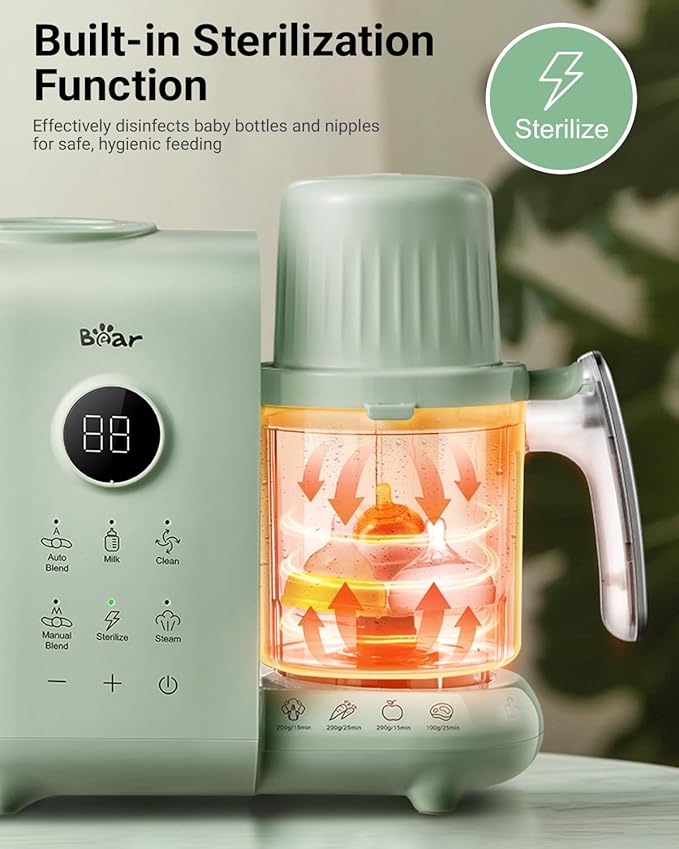 Bear Baby Food Maker with Two Layer Steam Baskets, One Step Baby Food Processor Steamer Puree Blender, Baby Food Mill with Bottle Warming Sterili-zing Auto Cleaning Function, BPA-Free