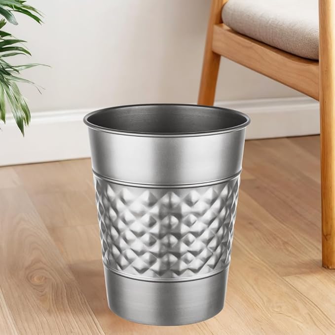 Monarch Abode Pewter Handcrafted Geometric Embossed Metal Wastebasket for Home Office, Decorative Waste Basket, Modern Bathroom Garbage Can, Durable & Decorative Trash Bin, Pewter Bathroom Trash Can