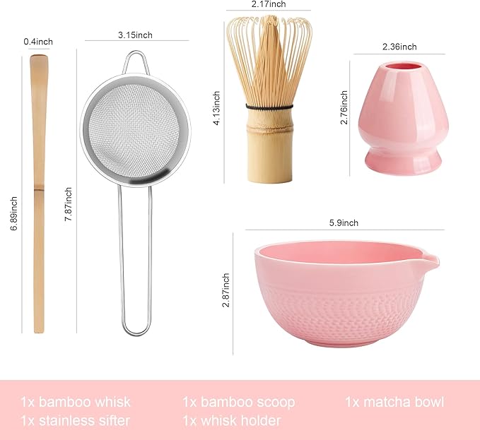 Matcha Whisk Set Pink, Ceramic Matcha Set Included Matcha Bowl with Spout, Matcha Whisk and Holder, Sifter, Bamboo Scoop, 5 Pcs Matcha Bowl and Whisk Kit for Matcha Lovers for Birthday Christmas