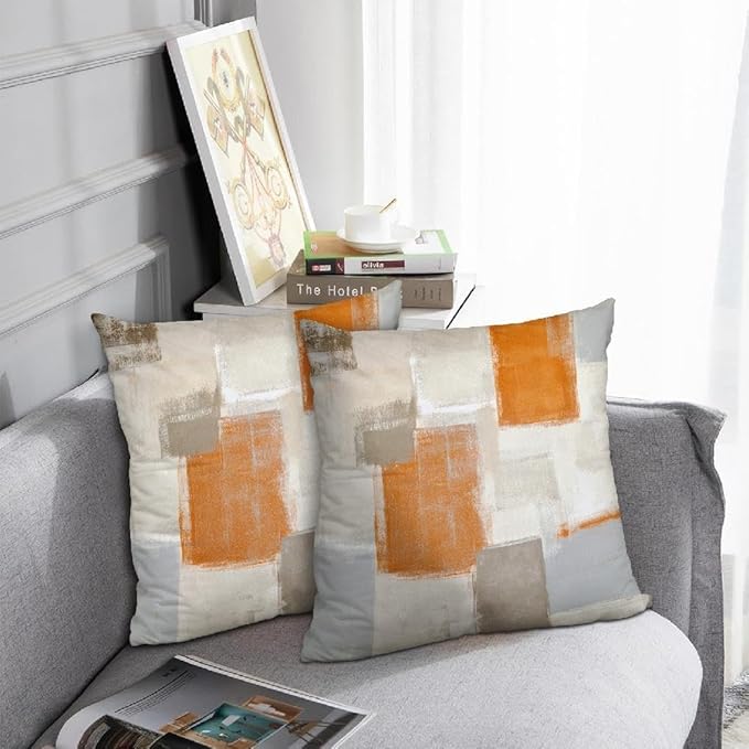 Orange and Grey Abstract Art Artwork Pillow Cover, Gallery Modern Decorative Throw Pillows Cushion Cover for Bedroom Sofa Living Room 22 x 22 Inch Set of 2