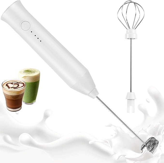 Milk Frother - Electric Handheld Milk Foam Maker with 2 Stainless Steel Whisk, Rechargeable 3 Speeds for Coffee Lattes Cappuccino Matcha