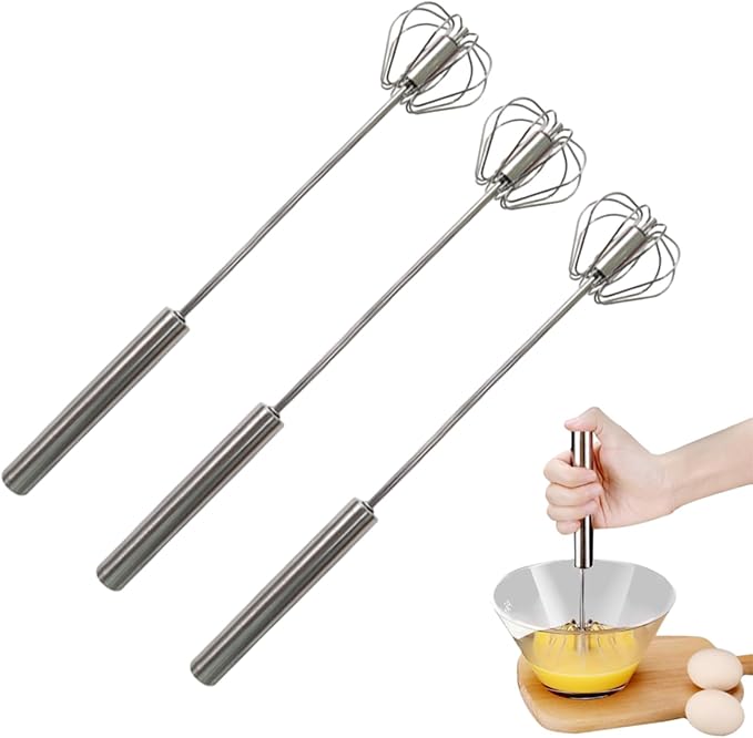 Stainless Steel Semi Automatic Whisk - 12 Inch Easy Whisk Rotating Hand Egg Beater for Milk Frother, Dough, Cream, Matcha, Hand Push Kitchen Mixer for Blending, Whisking, Beating & Stirring (Silver*3)