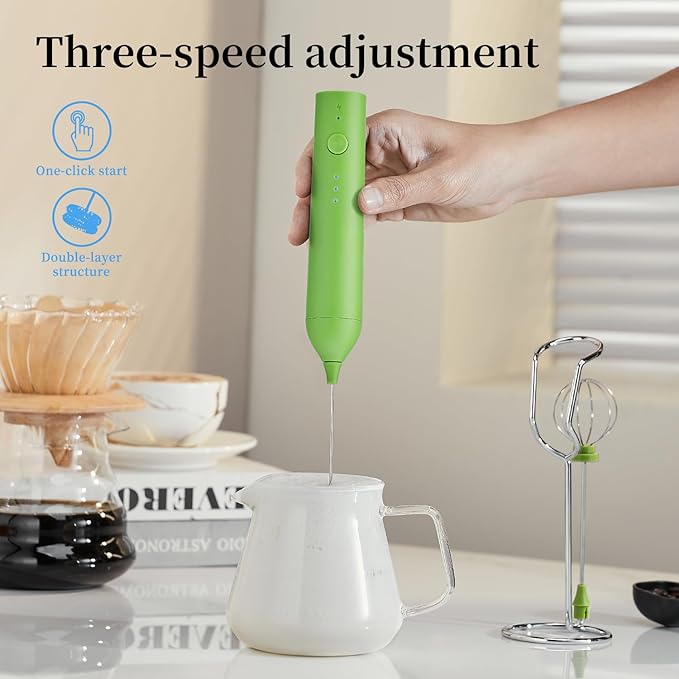 Electric Milk Frother Set, Rechargeable Drink Blender with Wand and Egg Whisk, 3 Speed Adjustable Foam Maker Mixer, Milk Frother Handled for Coffee, Matcha, Protein Powder (Green with Stand)