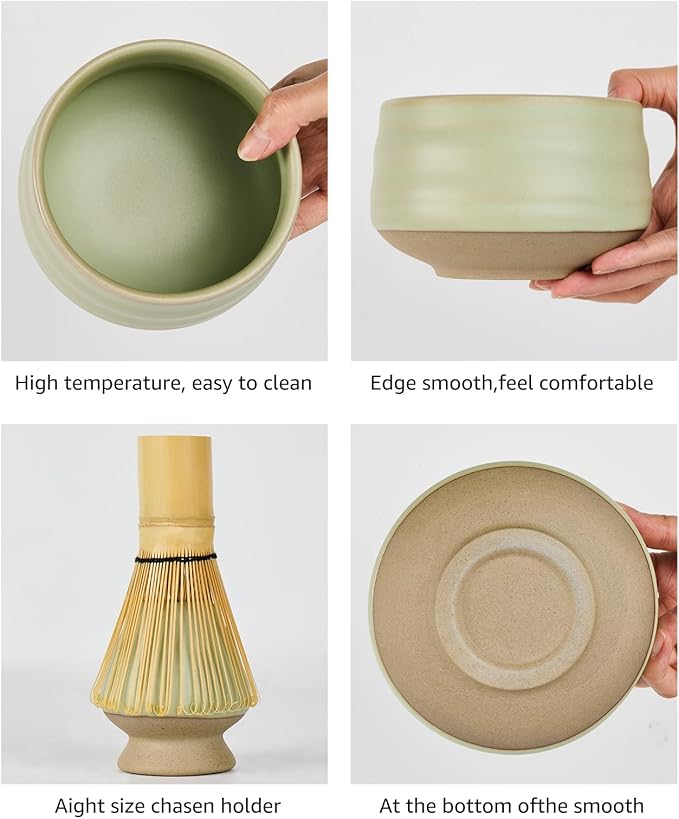 Sisher Matcha Whisk Set,Matcha Set Whisk and Bowl,Japanese Tea Set (5pcs) Includes Matcha Bowl, Matcha Whisk and Holder, Bamboo Scoop, Scoop Rest and Sifter Matcha kit for Matcha Lovers (Green)