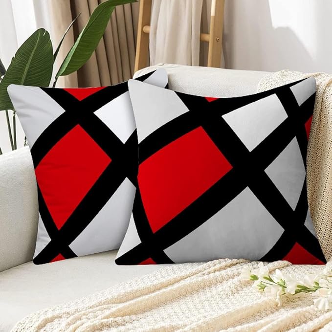 Modern Art Geometric Pillow Cover, Decorative Throw Pillow Covers Red Black Abstract Artwork Cushion Cover for Bedroom Sofa Living Room 18 x 18 Inch Set of 2