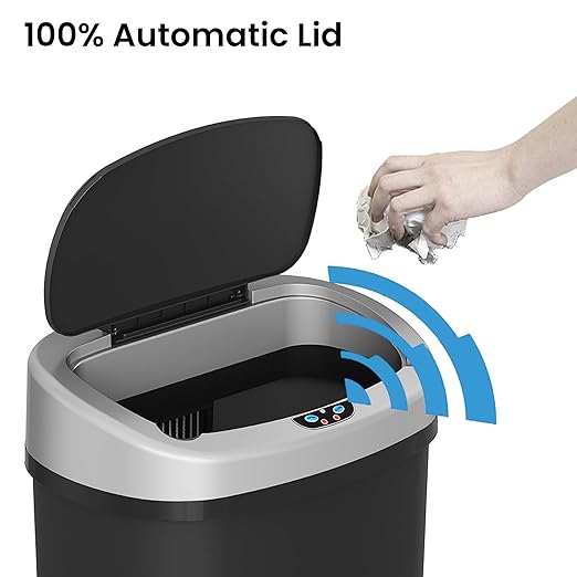 iTouchless 13 Gallon Sensor Kitchen Trash Can with Lid and Odor Filter, Durable Dent-Proof Plastic Automatic Waste Basket Garbage Bin Great for Home, Office, Business, Slim Space-Saving, Oval, Black