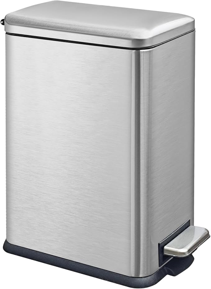 Silver 16.7L/4.4 Gallon Bathroom Trash Can with Lid. Features a removable inner bucket, a soft - close lid, and a stainless - steel step pedal. Ideal for use in the bathroom, kitchen, and home office.