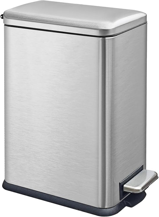 Silver 16.7L/4.4 Gallon Bathroom Trash Can with Lid. Features a removable inner bucket, a soft - close lid, and a stainless - steel step pedal. Ideal for use in the bathroom, kitchen, and home office.